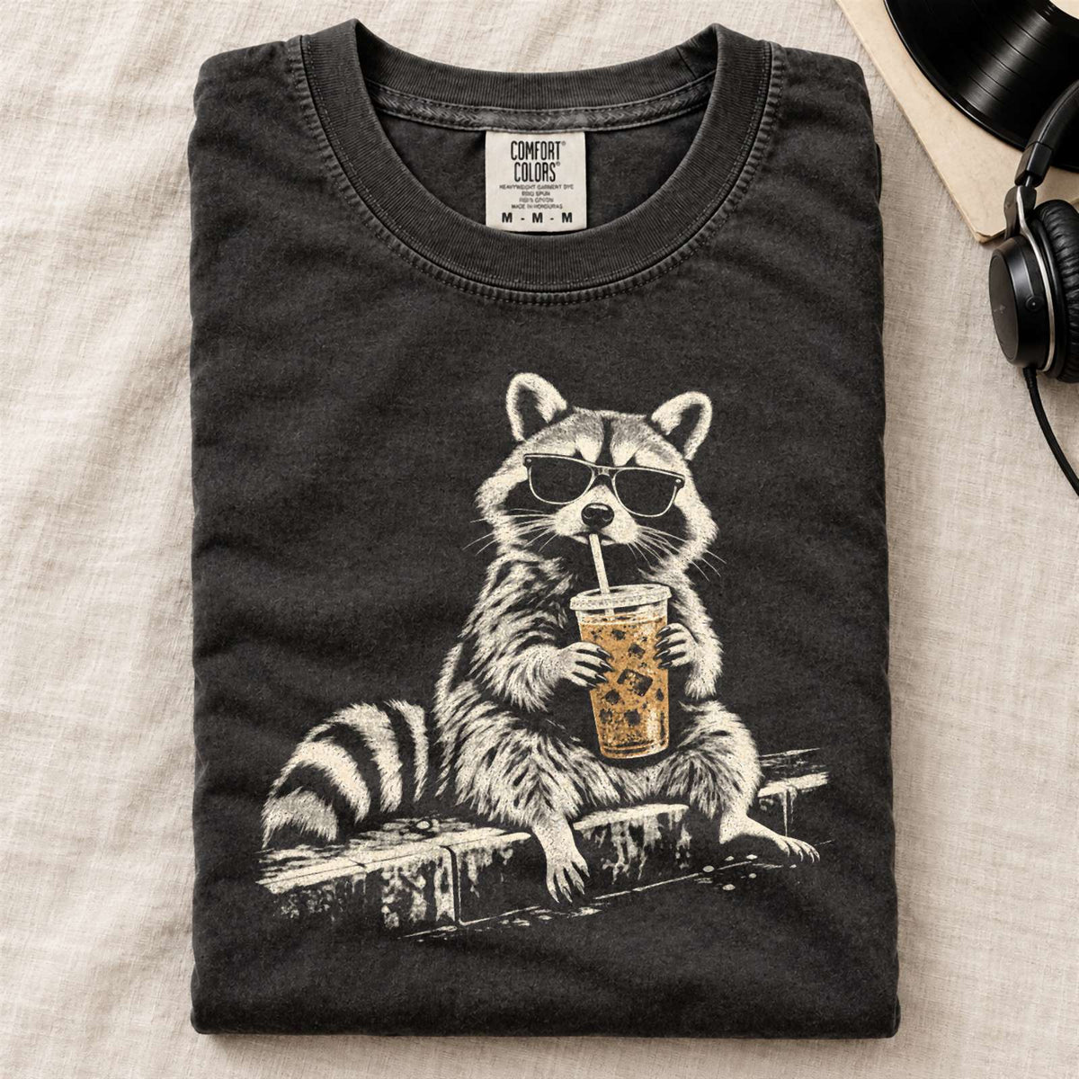 Funny Raccoon Drinking Iced Coffee Comfort Colors T-Shirt Black