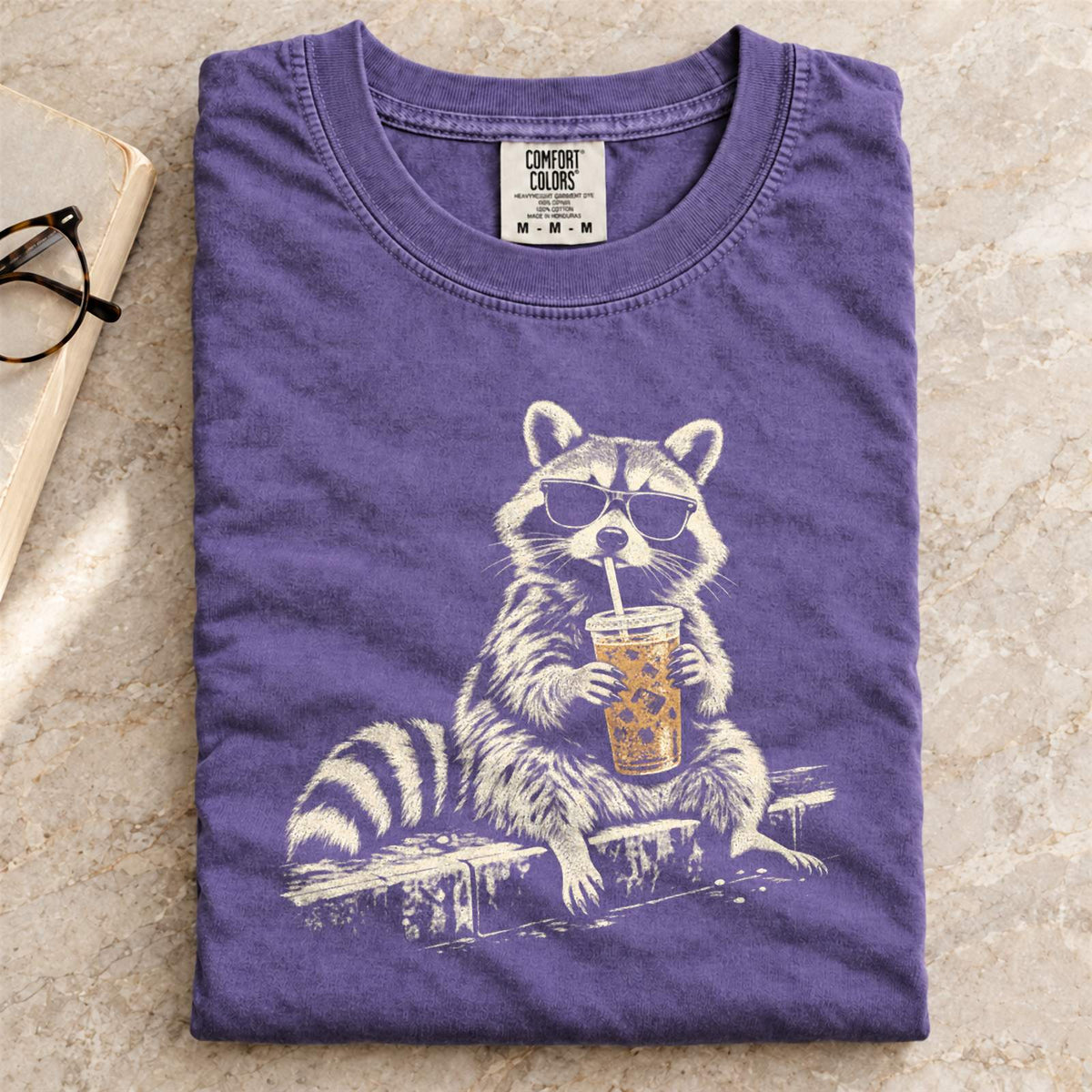 Funny Raccoon Drinking Iced Coffee Comfort Colors T-Shirt Grape