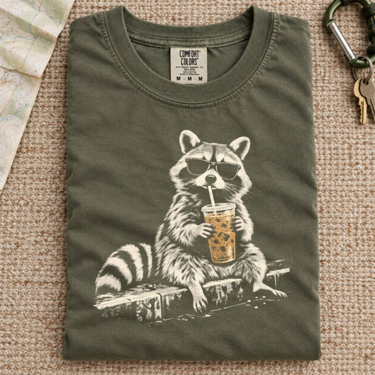 Funny Raccoon Drinking Iced Coffee Comfort Colors T-Shirt Hemp