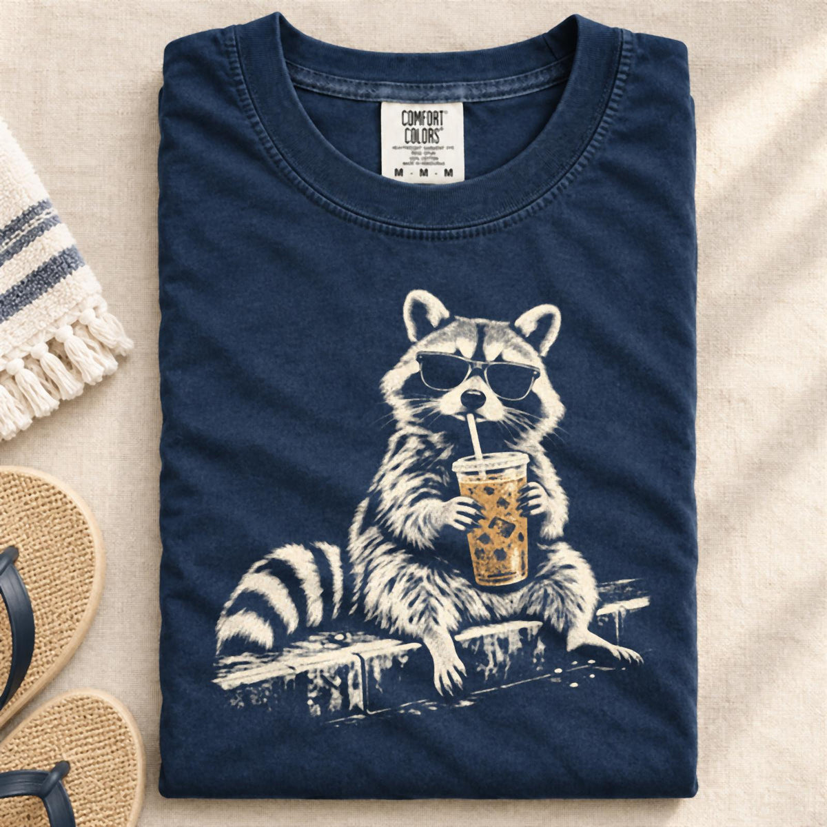 Funny Raccoon Drinking Iced Coffee Comfort Colors T-Shirt Navy